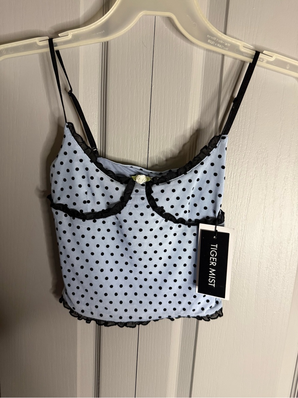 Tiger Mist Blue Polka Dot Ruffle Cami with Black Trim